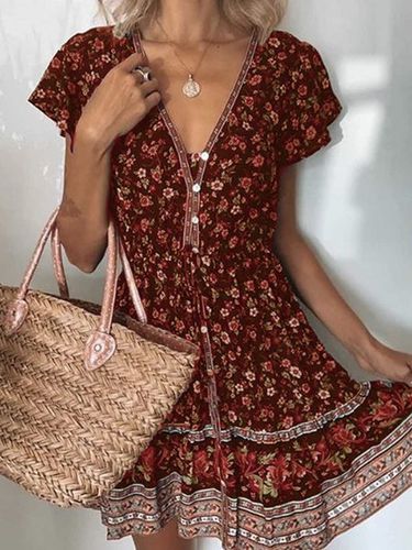 Multicolor Short Sleeve Printed Casual Cotton Weaving Dress - Just Fashion Now - Modalova