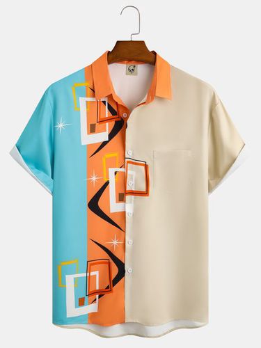 Casual Art Collection Geometric Stripes Color Block Pattern Lapel Short Sleeve Chest Pocket Shirt Print Top - Modetalente - Modalova