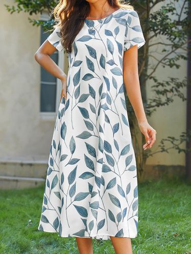 Leaves Printed Pockets Short Sleeve Woven Dress - Just Fashion Now - Modalova