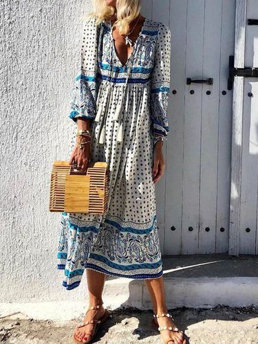 V-Neck Women Weaving Dress Daytime Boho Paneled Weaving Dress - Modetalente - Modalova