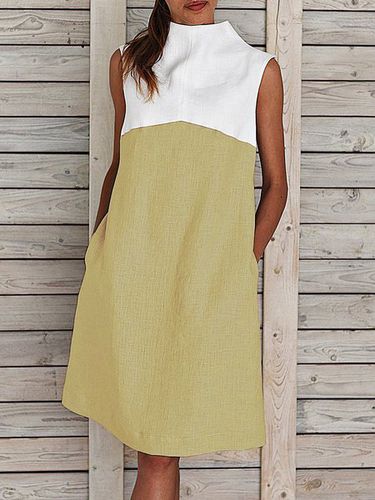 Midi Weaving Dress Women Summer Shift Sleeveless Turtleneck Paneled Weaving Dress - Modetalente - Modalova