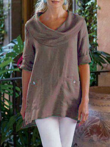 Pockets Long Sleeve Cowl Neck Cotton-Blend Shirt - Modetalente - Modalova