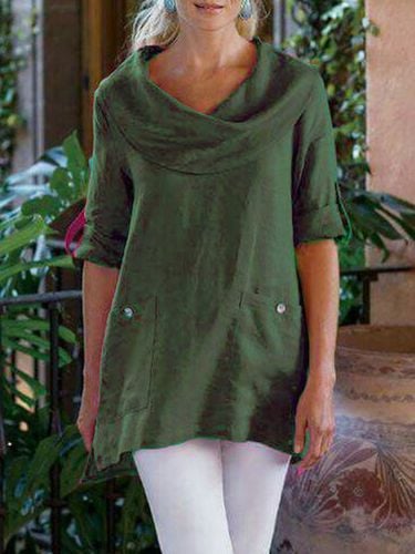 Pockets Long Sleeve Cowl Neck Cotton-Blend Shirt - Modetalente - Modalova