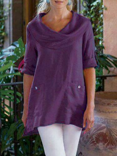 Pockets Long Sleeve Cowl Neck Cotton-Blend Shirt - Modetalente - Modalova