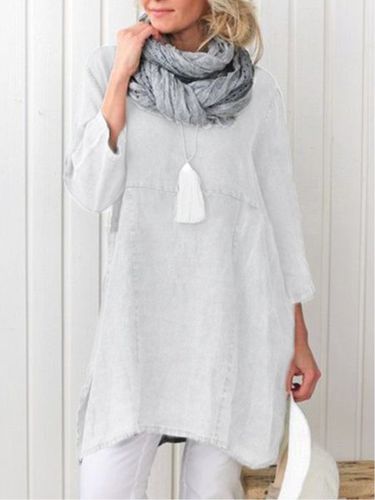 Casual Plain Long Sleeve Linen Dress - Just Fashion Now - Modalova