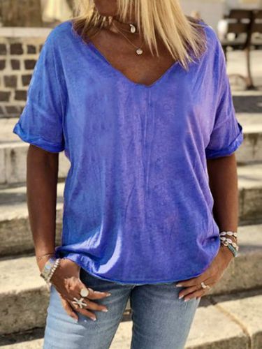 Plain Cotton-Blend V Neck Casual T-shirt - Just Fashion Now - Modalova