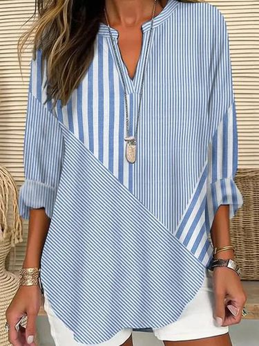 Notched Loose Striped Casual Cotton Shirt - Just Fashion Now - Modalova