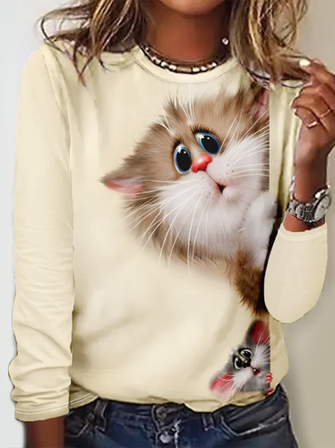 Women's Crew Neck Casual Funny Cat Long Sleeve Shirt - Modetalente - Modalova