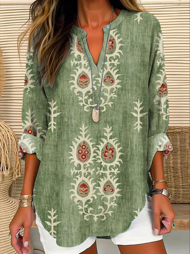 Casual Ethnic Notched Loose Shirt - Just Fashion Now - Modalova