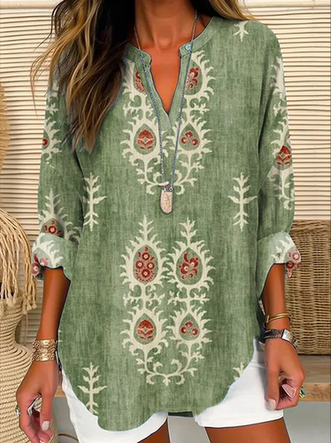 Casual Ethnic Notched Loose Shirt - Modetalente - Modalova