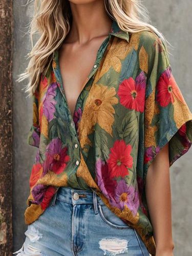 Casual Loose Floral Shirt Collar Blouse - Just Fashion Now - Modalova