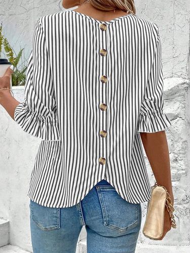 Striped Cotton Crew Neck Simple Loose Shirt - Just Fashion Now - Modalova