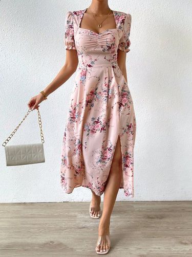 Ruched Elegant Floral Puff Sleeve Dress - Just Fashion Now - Modalova