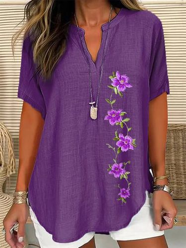 Women's Short Sleeve Shirt Summer Purple Floral Embroidery Cotton Notched Daily Casual Top - Just Fashion Now - Modalova