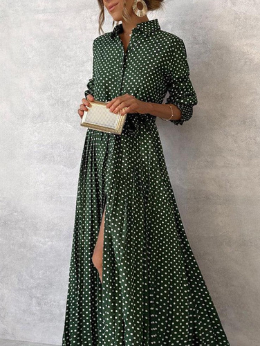 Women's Long Sleeve Spring/Fall Green Polka Dots Shirt Collar Daily Elegant Maxi Dress - Just Fashion Now - Modalova