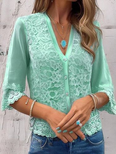 Women's Half Sleeve Lace Edge Shirt Summer Light Blue V Neck Going Out Top - Just Fashion Now - Modalova