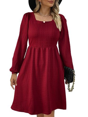Women's Long Sleeve Summer Wine Red Plain Square Neck Balloon Sleeve Daily Going Out Casual Knee Length A-Line Dress - Just Fashion Now - Modalova
