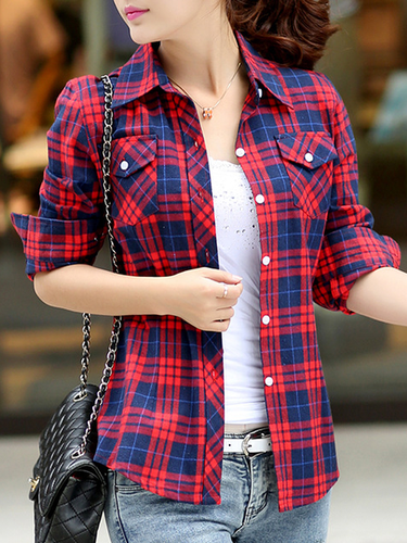 Women's Long Sleeve Blouse Spring/Fall Red Plaid Shirt Collar Daily Going Out Casual Top - Just Fashion Now - Modalova