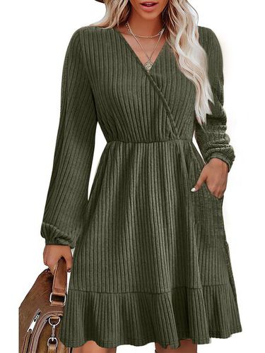 Women's Long Sleeve Summer Green Plain V Neck Balloon Sleeve Daily Going Out Casual Knee Length A-Line Dress - Just Fashion Now - Modalova