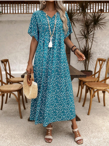 Women's Short Sleeve Summer Green Floral V Neck Daily Going Out Casual Maxi A-Line Dress - Just Fashion Now - Modalova