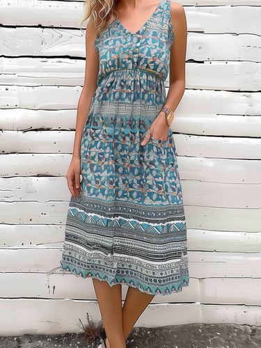 Women's Sleeveless Summer Green Ethnic V Neck Daily Going Out Vacation Midi X-Line Dress - Just Fashion Now - Modalova