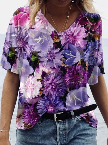 Women's Short Sleeve T-shirt Tee Summer Purple Floral Knitted V Neck Daily Going Out Casual Top - Just Fashion Now - Modalova
