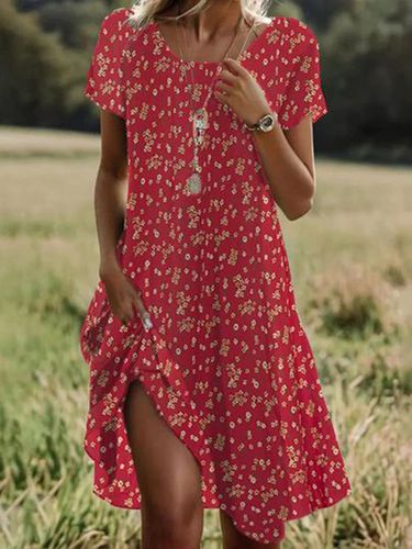 Loose Crew Neck Floral Casual Dress - Modetalente - Modalova