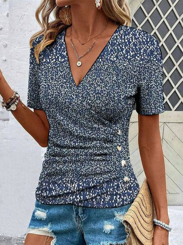 Women's Short Sleeve Shirt Summer Dark Blue Floral V Neck Daily Going Out Casual Top - Just Fashion Now - Modalova