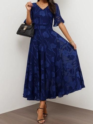 Women's Short Sleeve Summer Floral Dress V Neck Bell Sleeve Elegant Wedding Guest Blue Flowy Maxi Dress - Just Fashion Now - Modalova