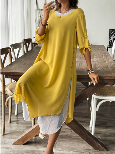 Women's Long Sleeve Spring/Fall Yellow Plain Asymmetric Crew Neck Daily Going Out Casual Two piece Maxi A-Line Dress - Just Fashion Now - Modalova