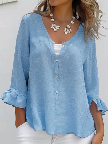 Women's Three Quarter Sleeve Blouse Spring/Fall Light Blue Plain Buckle Notched Bell Sleeve Daily Going Out Casual Top - Just Fashion Now - Modalova