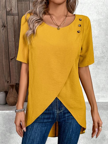 Women's Short Sleeve Blouse Summer Yellow Plain Buckle Crew Neck Daily Going Out Casual Top - Just Fashion Now - Modalova