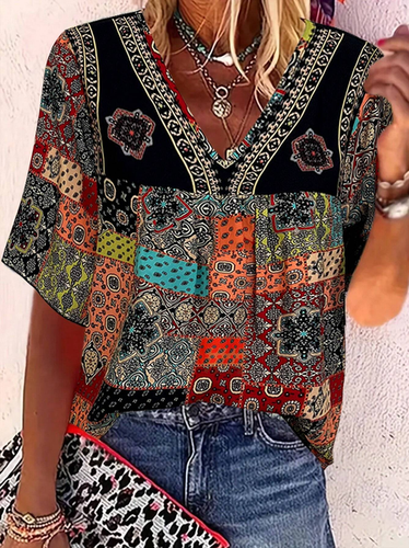Women's Short Sleeve Blouse Summer Black Ethnic V Neck Daily Going Out Casual Top - Just Fashion Now - Modalova