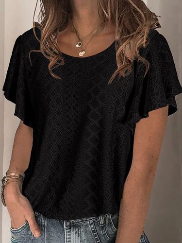 Crew Neck Plain Lace Casual T-Shirt - Just Fashion Now - Modalova