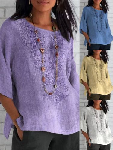 Women's Short Sleeve Shirt Summer Purple Plain Embroidery Cotton Crew Neck Daily Casual Top - Just Fashion Now - Modalova