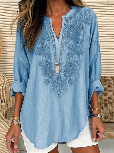 Women's Long Sleeve Embroidery Cotton And Linen V Neck Casual Top - Modetalente - Modalova