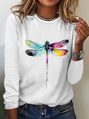 Loose Dragonfly Crew Neck Casual T-Shirt - Just Fashion Now - Modalova