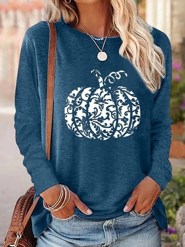 Cotton-Blend Casual Pumpkin Pattern Crew Neck T-Shirt - Just Fashion Now - Modalova