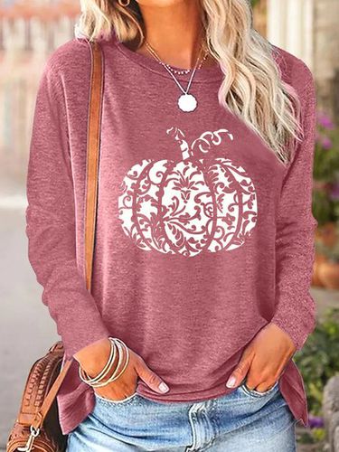 Cotton-Blend Casual Pumpkin Pattern Crew Neck T-Shirt - Just Fashion Now - Modalova