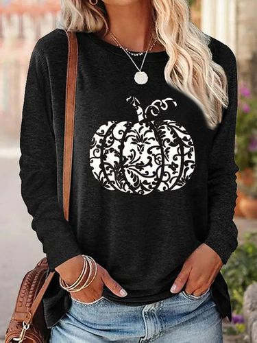 Cotton-Blend Casual Pumpkin Pattern Crew Neck T-Shirt - Just Fashion Now - Modalova