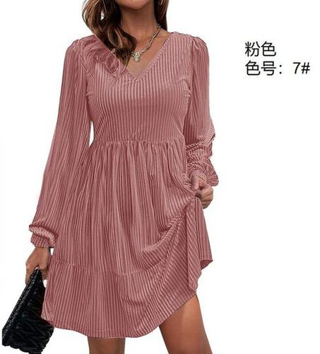 Women's Long Sleeve Summer Nudepink Plain V Neck Balloon Sleeve Daily Going Out Casual Knee Length A-Line Dress - Just Fashion Now - Modalova