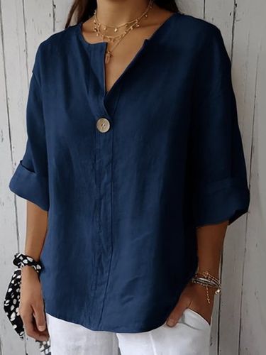 Cotton Loose V Neck Casual Blouse - Just Fashion Now - Modalova