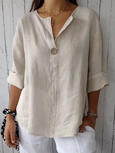 Cotton Loose V Neck Casual Blouse - Just Fashion Now - Modalova