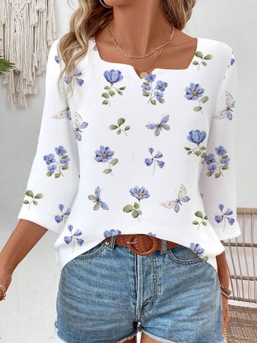 Women's Three Quarter Sleeve T-shirt Spring/Fall White Floral Cotton Notched Daily Going Out Casual Top - Just Fashion Now - Modalova