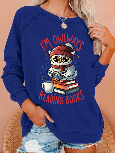 Owlways Reading Books Text Letters Casual Crew Neck Sweatshirt - Modetalente - Modalova