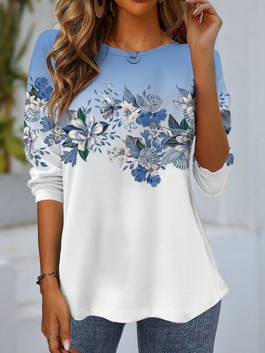 Women's Long Sleeve T-shirt Spring/Fall Blue Floral Jersey Crew Neck Daily Going Out Casual Top - Just Fashion Now - Modalova