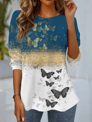 Women's Long Sleeve T-shirt Spring/Fall Blue Butterfly Jersey Crew Neck Daily Going Out Casual Top - Just Fashion Now - Modalova