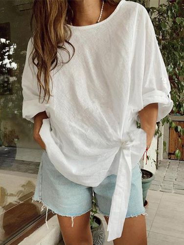 Women's Bow Cotton And Linen Crew Neck Daily Going Out Casual Top - Just Fashion Now - Modalova