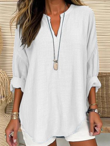 Loose Plain Notched Casual Blouse - Just Fashion Now - Modalova