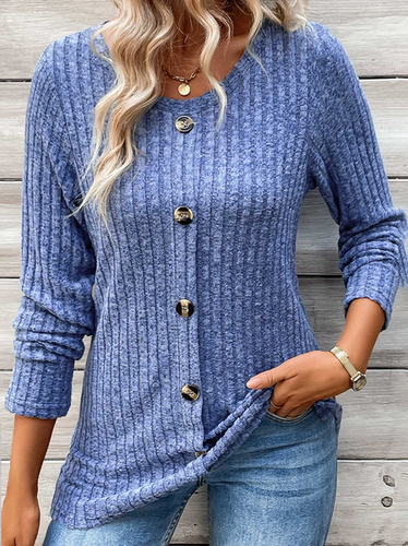 Women's Long Sleeve T-shirt Spring/Fall Blue Plain Buckle Crew Neck Daily Going Out Casual Top - Just Fashion Now - Modalova